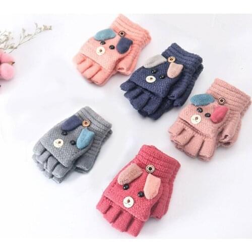 Knitted Baby Gloves Winter Kids Baby Boy Girl Half Finger Flip Cover Gloves Cartoon Warm Children Toddler Mittens Handschoenen