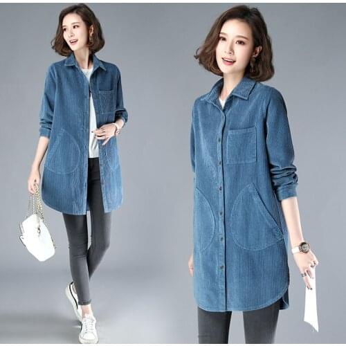 Womens Corduroy Jacket New Spring Autumn Clothing Solid Lapel Simple Mid Long Outerwear Casual Tops Female Windbreakers Coat 52