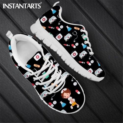 INSTANTARTS Women Black Nurse Shoes Flats Casual Sneaker Walking Woman Comfort Lace-Up Mesh Breathable Zapatillas Mujer Feminino