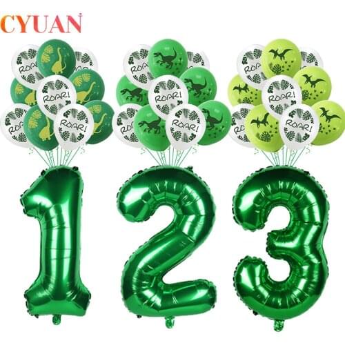 11pcs Dinosaur Party Balloon Green Foil Number Balloon Dino Baloons 1st 2nd 3rd Boy Birthday Party Decorations Globos Air Ballon