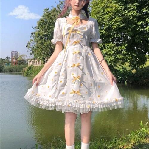 2021 Girls Kawaii Renaissance Princess Dress Bow Daisy Flower Print Ruffle Fairy Dresses Women Japanese Sweet Cute Lolita Dress