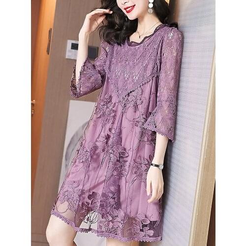 2021 Spring Summer Womens V Neck 3/4 Flare Sleeve Embroidery Lace Patchwork Dress , Women Clothing 3xl Sweet Dresses