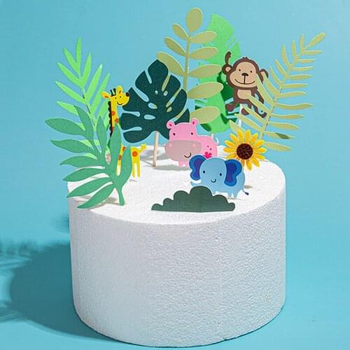 6pcs / set of green plant cake top hat jungle party decoration artificial grass leaf cake decoration baby bathing supplies