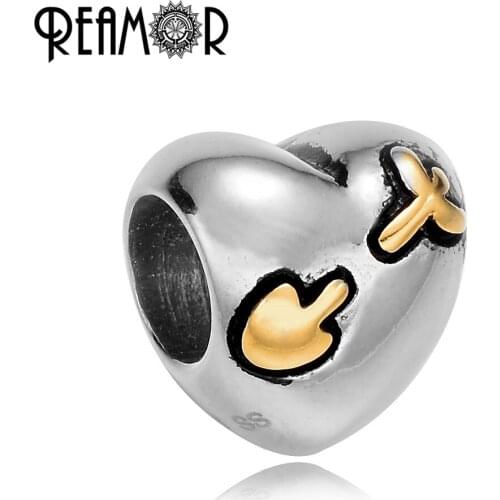 REAMOR Gold-color Heart Beads 316l Stainless Steel European Large Hole Beads Charm Fit Pan Style Bracelet DIY Jewelry Wholesale
