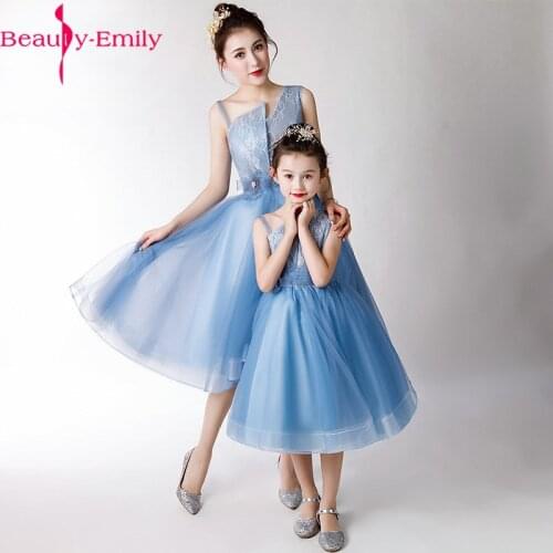 Elegant Irregular Neck Flower Girl Dresses 2020 Beauty Emily A-line Tea Length Sleeveless Appliques Tulle Party Dress for Kids