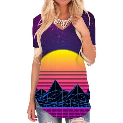 Giyu Brand Neon Lights T-shirt women Moon Shirt Print Galaxy V-neck Tshirt Colorful Tshirts Printed Womens Clothing Fashion Cool