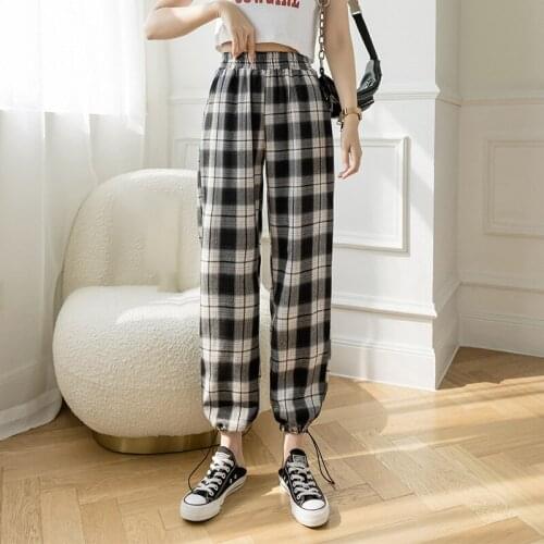 Checkered Wide Leg Plaid Womens Pants High Elastic Waist Slim Drawstring Female Trousers 2021 Spring Summer Fashion Retro Pant