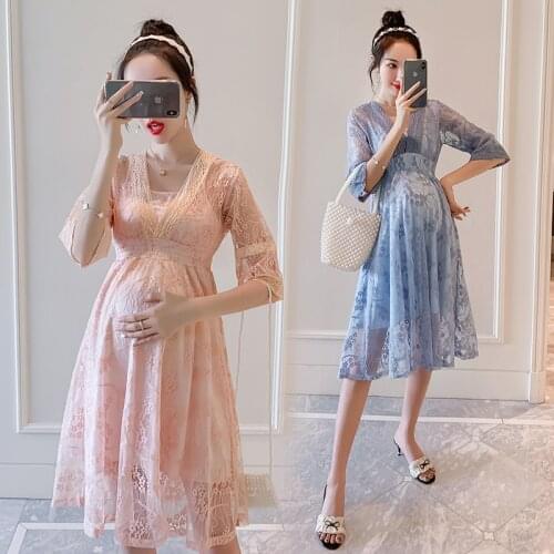 Maternity Lace Dress Hollow Out Summer Pregnancy Clothes V Collar Half Sleeve Loose Outwear Elegant Maternity Dresses 2Colors