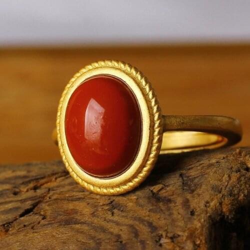 S925 Sterling Silver Inlaid Natural Hetian South Red Small Womens Simple Fashion Geometry Pattern round Egg Noodle Ring Ornamen