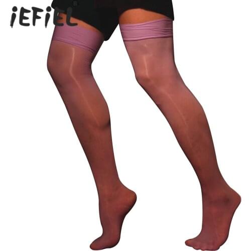 Men See-through Thin Stockings Solid Color Shiny Thigh High Socks Transparent Ultra Stretchy Hosiery for Club Stage Performance