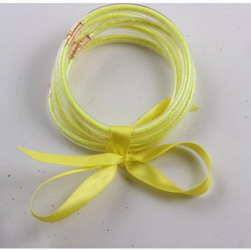 Lemon Yellow Glitter Jelly Bangle Bracelet Set - Gold Powder Lining Fashion Jewelry - Lightweight Cute Bracelets for Women Girl