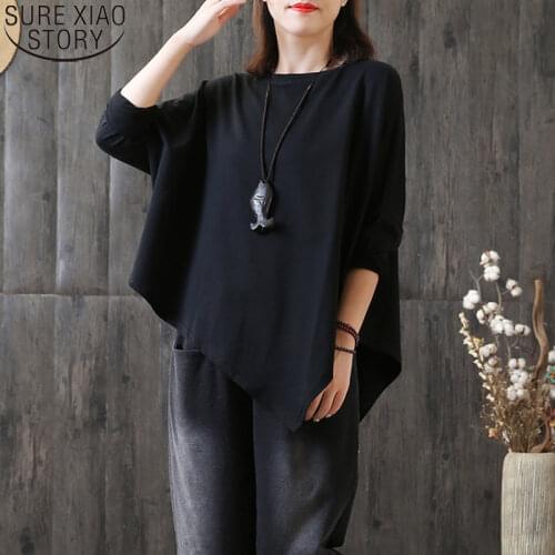 New Korean Loose Casual Bat Sleeve Literary Shirt Women Vintage Blouse Solid Tops Autumn Plus Size Irregular Shirts Blusas 12740