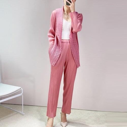 2021 Autumn New Miyak Pleated High Street Solid Women sets Fashion Two-piece suits