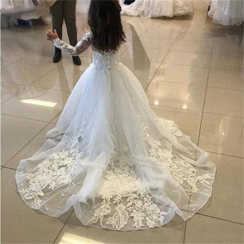 New White Lace Applique Girls Dresses for Wedding with Long Sleeve O Neck A Line Kids Princess Pageant Dress Birthday Gown