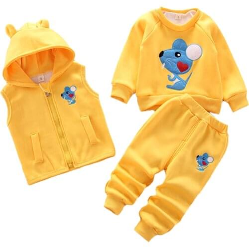 Autumn Warm Girls Clothing Set Mouse Hoodies Vest +Shirt + Pants 3Pcs Clothing Sets For Girl Withstand The Severe Cold Kids Suit