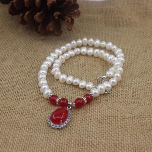 Wholesale Real Natual Freshwater 8-9MM Size Pearl Necklace with Green Red Agate, 10pcs/lot