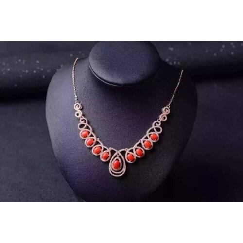 Natural Red Coral Necklace Natural Gemstone Pendant Necklace 925 sliver women Luxury water droplets engagement fine Jewelry