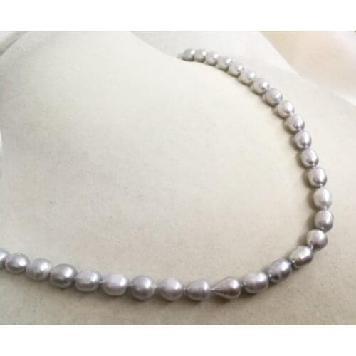 42cm 17'' Women Jewelry necklace 10mm gray oval round pearl handmade Real cultured freshwater pearl gift