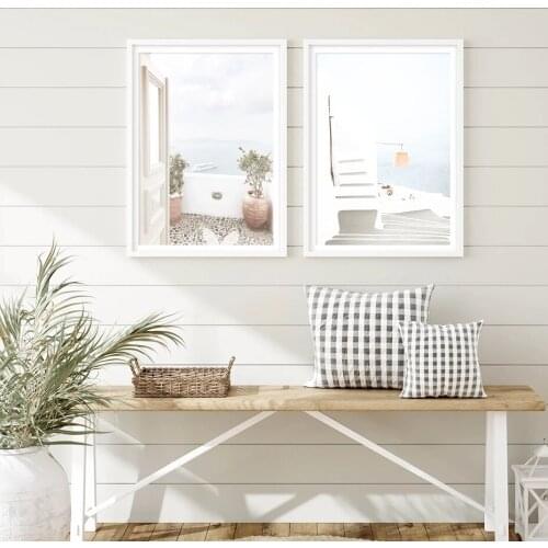 Mediterranean Seascape Canvas Painting Balcony Tree Picture Wall Art Prints Poster for Living Room nordic Home Decor No Frame