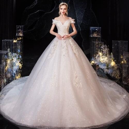 Vestido De Noiva 2020 Gryffon Sexy V-neck Off The Shoulder Wedding Dress With Train Luxury Lace Up Ball Gown Princess Plus Size