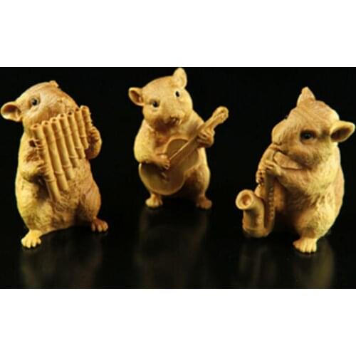 LS014 - 7 CM High Hand Carved Boxwood Carving Home Figurines : Set of 3 Mice Playing Music