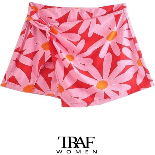 TRAF Za Women Fashion With Bow Tie Floral Print Shorts Skirts Vintage High Waist Back Zipper Female Skirts Mujer