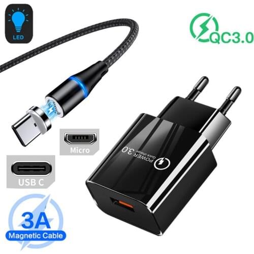QC 3.0 USB Charger Magnetic 3A Fast Charge Type C Micro Cable For Samsung Galaxy S6 S8 S10 lite S20 FE Note 20 10 8 4 A7 A11 A51