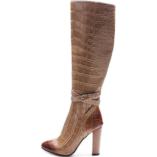 Womens Knee Boots Winter Chunky High Heel Long Booties Ladies Sexy Stone Pattern PU Leather 2019 Zipper Closure Fashion Shoes