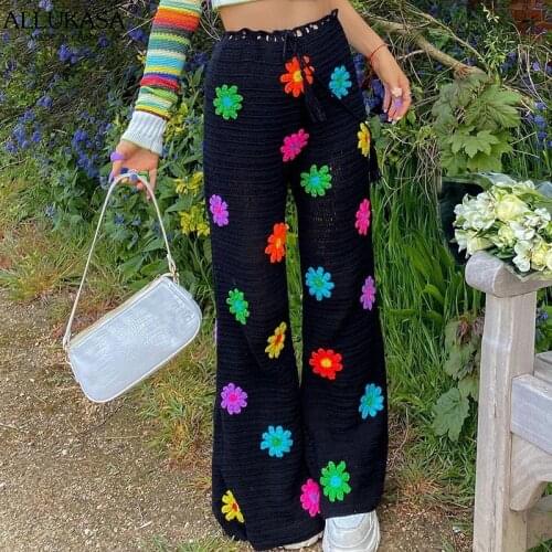 Women Wide Leg Pants Flower Crochet Net Hollow Out Summer Long Pants Boho Beach Casual Travel Fashion Comfy Drawstring Trousers