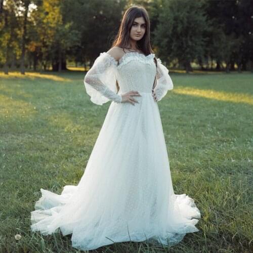 Off the Shoulder Snow Tulle Elegant Long Sleeves Bridal Dress Nude Lining Wedding Dress vestidos de novia sencillos