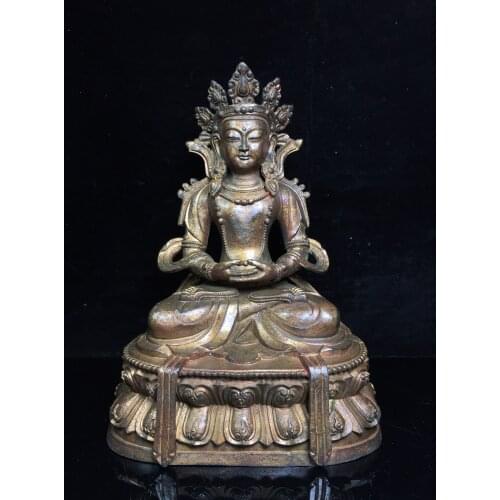 10"Tibet Temple Collection Old Bronze Cinnabar Lacquer Longevity Buddha Immeasurable life wisdom Sitting Buddha Ornaments