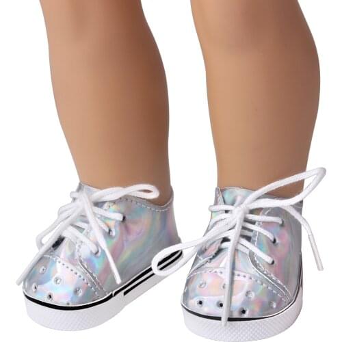 18 Inch American Doll Girls Shoes Silver Laser Lace-up Shoes Born Baby Toys Accessories Fit 43 Cm Boy Dolls Gift E22