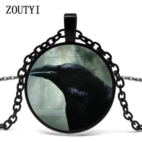 2018/The Crow Black Raven Photo Necklace Fashion Jewelry Glass Picture Pendant Chain Mens Steampunk Bird Necklace Halloween