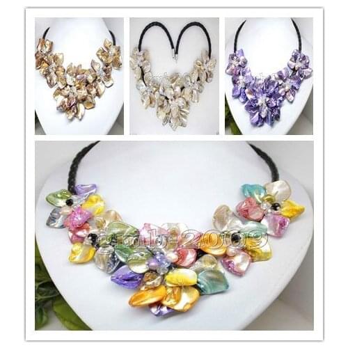 8 colorsHand Woven Yellow Shell 5 Flowers Pearl Crystal Black Leather Bib Necklace 18"