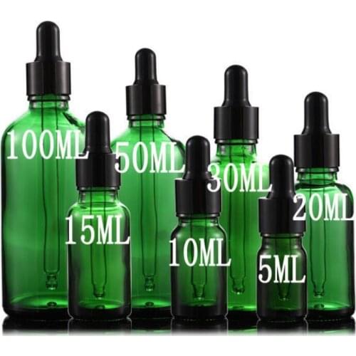 8pcs 5ml 10ml 15ml 20ml 30ml 50ml 100ml Green Glass Dropper Bottle For Essential Oil With Black/Silver/Gold Ring Dropper Cap Jar