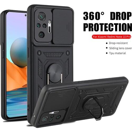 Push Slide Camera Protect Case For Xiaomi Redmi Note 10 Pro 10s Redmy Not 8 9 8T 9T 9A 9C Magnetic Ring Stand Armor Cover Coque