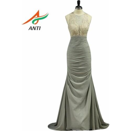ANTI Hot Selling Silvery Mermaid Evening Dress Elegant Chiffon Evening Dresses With Crystal Sheer Party Gowns HQY154