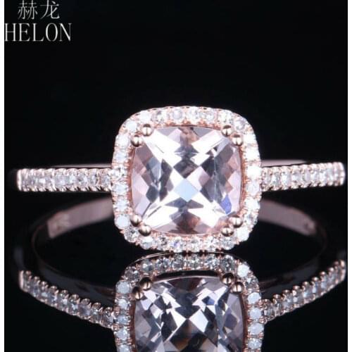 HELON Solid 14K Rose Gold Flawless Cushion 6mm Natural Morganite Diamond Engagement Ring Women Wedding Unique Fine Jewelry