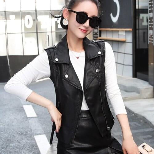 Lapel Leather Waistcoat Slim Sleeveless Leather Jacket Women 2021 New Spring Autumn Black Short PU Leather Coat Vest aq382