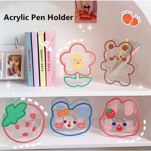 Cartoon Transparent Pen Holder Multifunction Desktop Organizer Cute Bear Rabbit Makeup Brush Pens Storage Box School Stationery