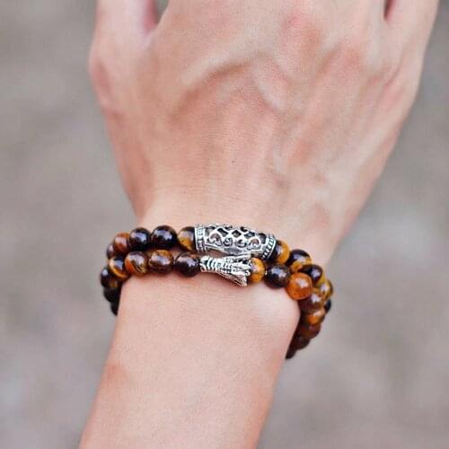 2pcs/pair Men Bracelet Set Vintage Dragon Punk Wrap Braslet Hombre 8mm Natural Tiger Eye Lava Stone Braclet Gift For Boyfriend