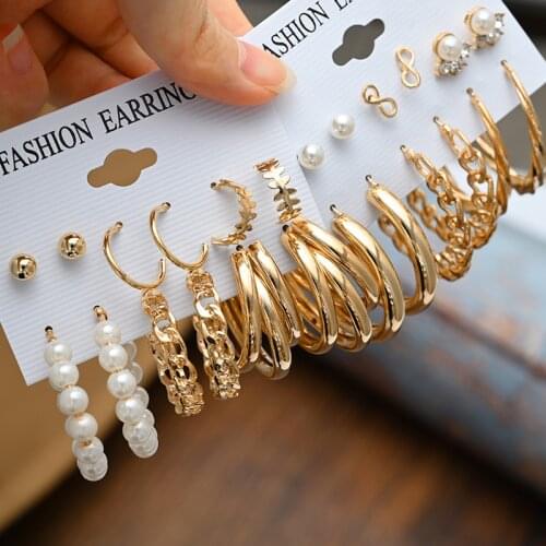 Bohemian Fashion Pearl Stud Set of Earrings Geometric Gold Metal Hoop Dangle Earrings for Women Punk Female Jewelry 2021 Gift