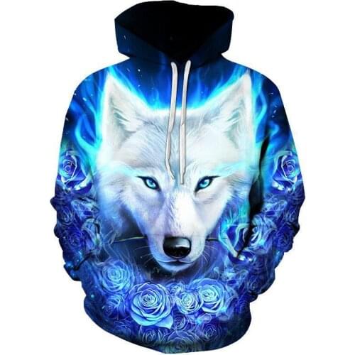 2021 New Blue Rose Wolf Hoodies Men 3D Sweatshirts Harajuku Hoody Quality Pullover Streatwear Tracksuits Hip Hop Tops