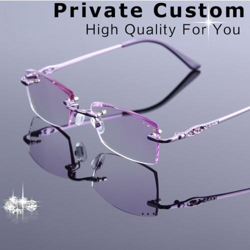Trendy Female Diamond Trimming Rimless Glasses Prescription Eyeglasses High Clear Tinted UV400 Lens Myopia/Hyperopia Spectacles