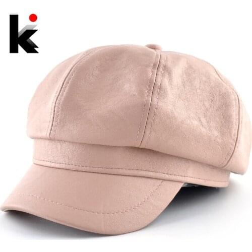 Autumn Winter Leather Newsboy Caps Women Solid Adjustable Flat Hats For Men Fresh Style Fashion Streetwear Faux PU Unisex Berets