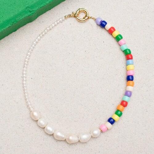 Colourful Pony beads Irregular Freshwater Baroque Pearl BILLIE Necklace Punk Statement Designer Gold plated bolt claps chokers