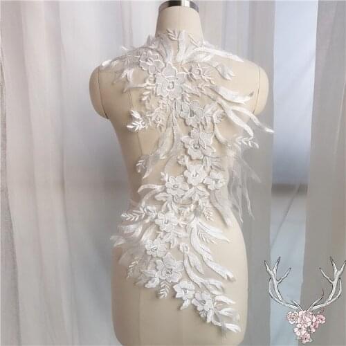 Dress Decors White Lace Blossom Flower Applique Raw Material Patches for Bridal Dress Evening Dress Decorations Size 60x27cm