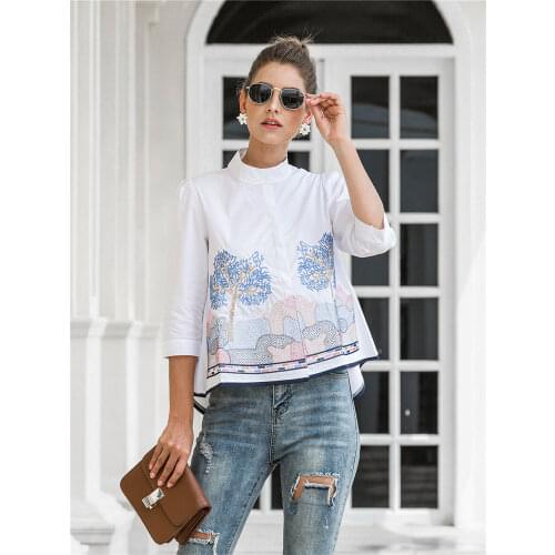 Spring Summer Stand Embroidery Top For Women 2021 New Casual Three Quarter Sleeve Oversize Top Ladies Single Breasted Blouse