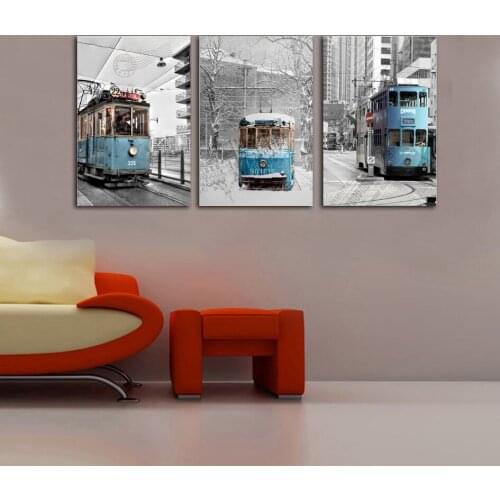Vintage Blue Tram Minimalist Landscape Painting Nordic Modern Home Decoration Living Room Wall Art Poster Unframed