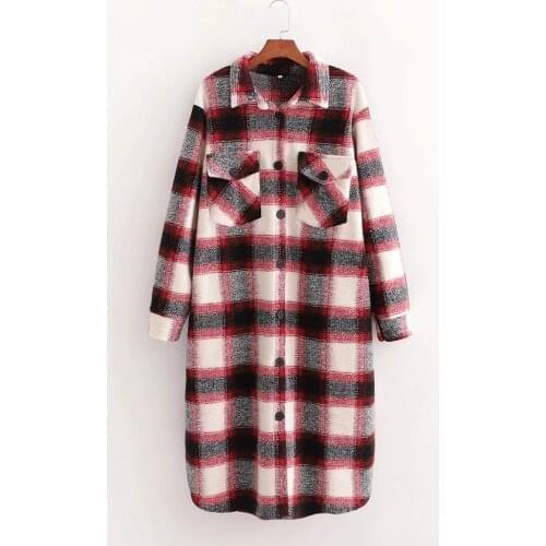 Vintage Chic Red Plaid Pockets Long Woolen Jacket Women Fashion Turn-down Collar Single Breasted Coat Outerwear